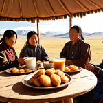 **A Mongolian family sharing "Khuushuur" (fried pastries) and "Suutei Tsai" (salted milk tea) in their traditional Ger (Yurt), with the vast Mongolian steppes visible in the background. Golden sunlight.**