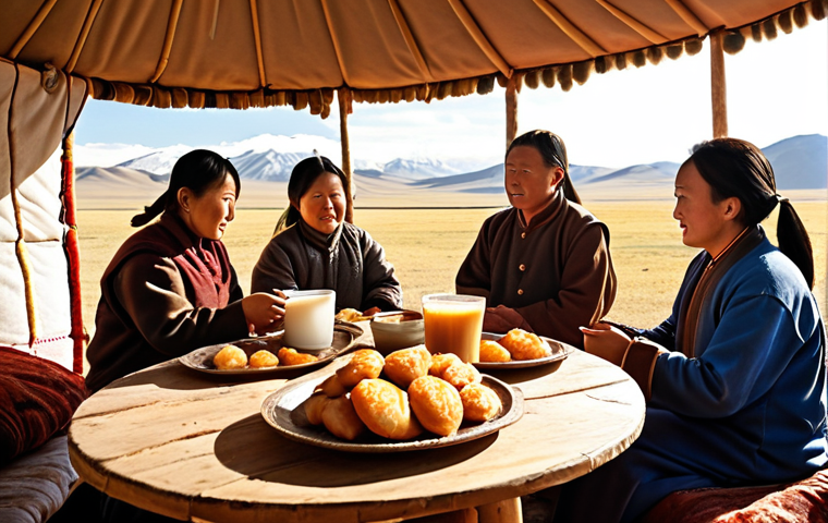 **A Mongolian family sharing "Khuushuur" (fried pastries) and "Suutei Tsai" (salted milk tea) in their traditional Ger (Yurt), with the vast Mongolian steppes visible in the background. Golden sunlight.**