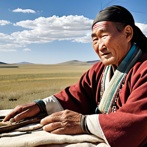 Home 14 A wise, elderly Mongolian traditional healer with a serene expression and traditional attire, gently holding a patient's wrist to perform a pulse diagnosis. The background subtly features the vast, open Mongolian steppes under a wide sky, emphasizing the deep connection between humanity, nature, and ancient wisdom. Soft, warm, natural lighting.