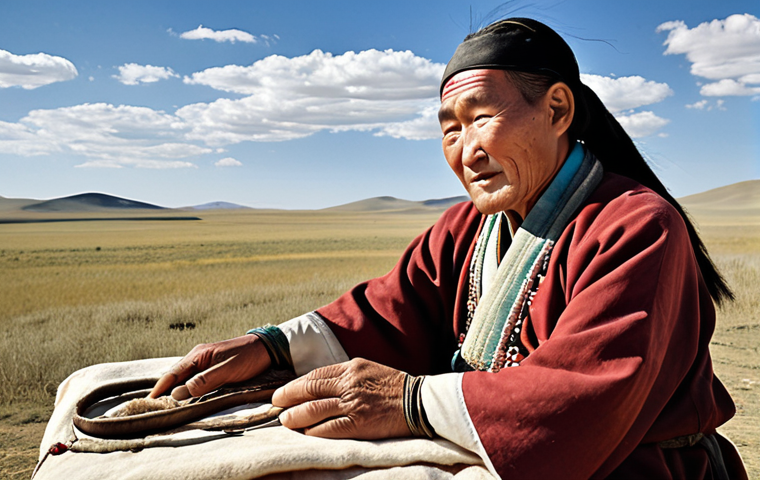 A wise, elderly Mongolian traditional healer with a serene expression and traditional attire, gently holding a patient's wrist to perform a pulse diagnosis. The background subtly features the vast, open Mongolian steppes under a wide sky, emphasizing the deep connection between humanity, nature, and ancient wisdom. Soft, warm, natural lighting.