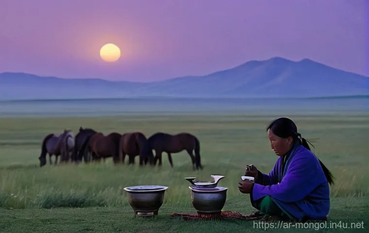 몽골의 독특한 국경 여행 - **Prompt Title: "Echoes of Genghis Khan: Nomadic Serenity on the Eastern Steppe"**
    A wide, cinem...