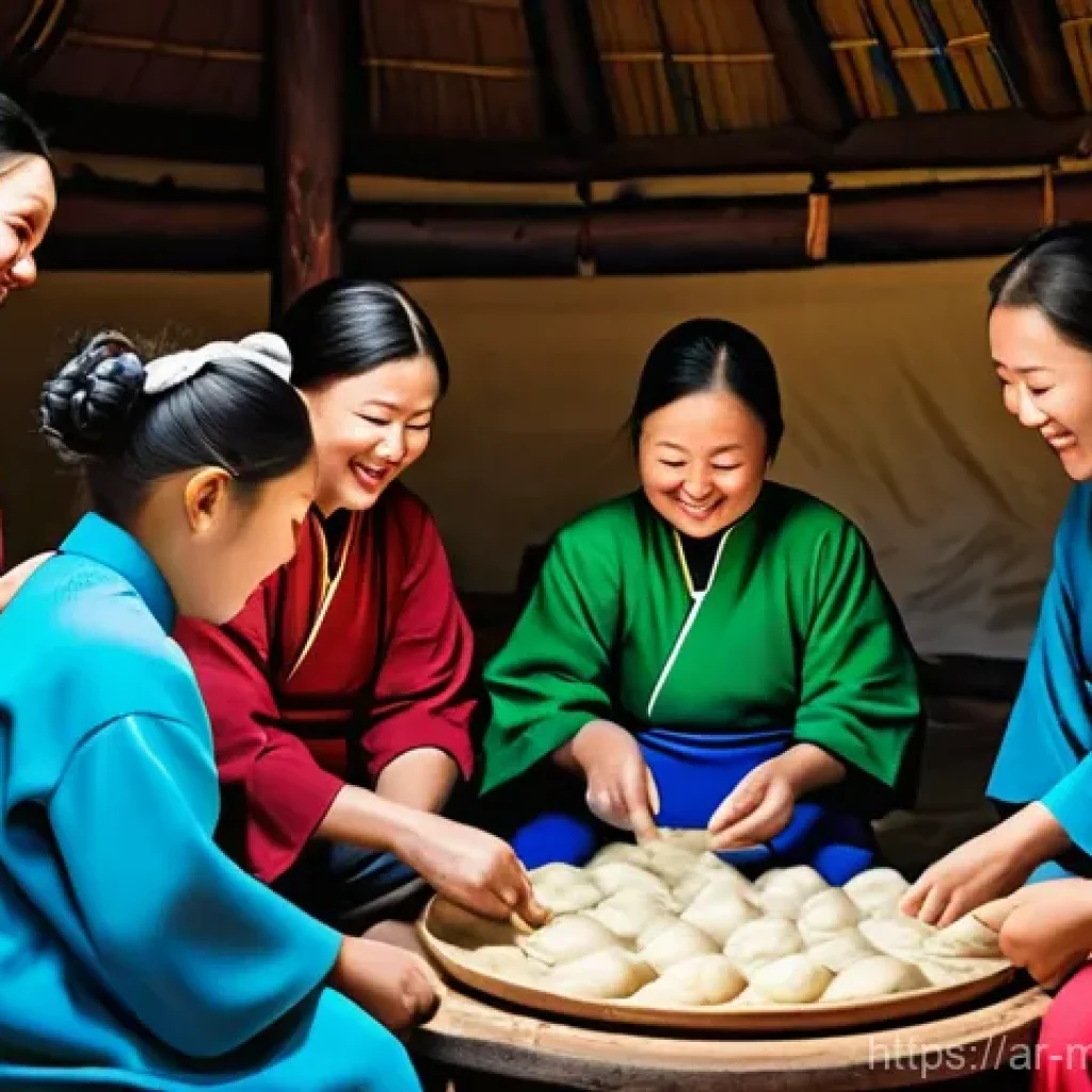 몽골의 전통 음식 문화 - **A vibrant, heartwarming scene inside a traditional Mongolian ger.** A multi-generational family, i...