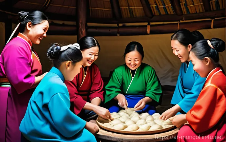 몽골의 전통 음식 문화 - **A vibrant, heartwarming scene inside a traditional Mongolian ger.** A multi-generational family, i...