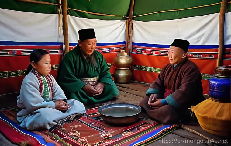 몽골의 전통 음식 문화 - **An authentic outdoor cooking scene in the vast, rugged Mongolian steppe.** A group of hardy Mongol...