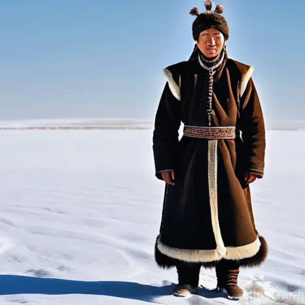 몽골 전통 의복 - **Prompt:** A resilient Mongolian nomad in a vast, snow-covered steppe. The person is warmly dressed...