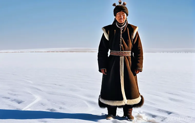 몽골 전통 의복 - **Prompt:** A resilient Mongolian nomad in a vast, snow-covered steppe. The person is warmly dressed...
