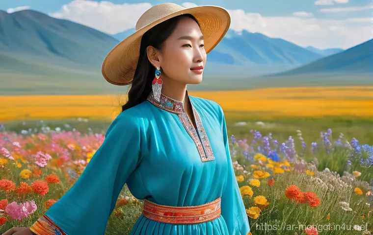 몽골 전통 의복 - **Prompt:** A resilient Mongolian nomad in a vast, snow-covered steppe. The person is warmly dressed...