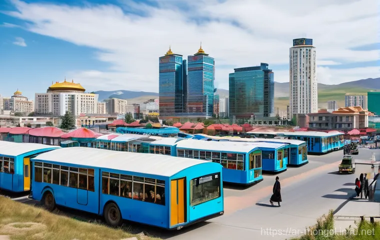 몽골의 현대적인 생활 방식 - **Ulaanbaatar: A Symphony of Eras**
    A vibrant, wide-angle street photography shot capturing a bu...