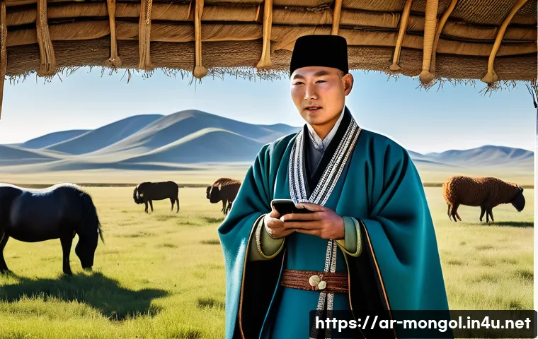 몽골 문화 속의 현대적 변화 - **Prompt: Mongolian Herder Embracing Technology on the Steppe**
    A wide-angle, photorealistic ima...
