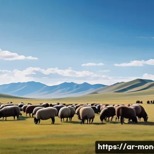 몽골의 독특한 지리적 특징 - A vast Mongolian steppe landscape under a bright blue sky, featuring traditional nomadic herders dre...