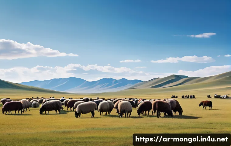 몽골의 독특한 지리적 특징 - A vast Mongolian steppe landscape under a bright blue sky, featuring traditional nomadic herders dre...