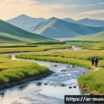 몽골 북부 지역 탐험 - A panoramic view of northern Mongolia’s lush green rolling hills meeting gently flowing clear rivers...
