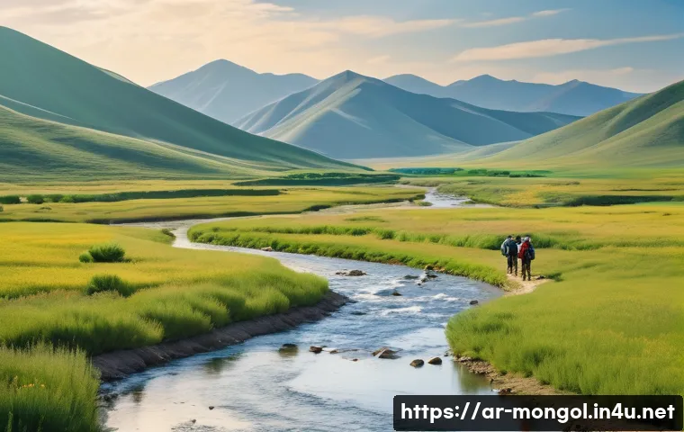 몽골 북부 지역 탐험 - A panoramic view of northern Mongolia’s lush green rolling hills meeting gently flowing clear rivers...