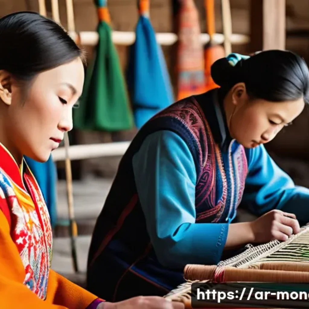 몽골 전통 예술과 현대 예술의 결합 - A contemporary Mongolian artisan workshop scene showing skilled craftsmen and young apprentices blen...