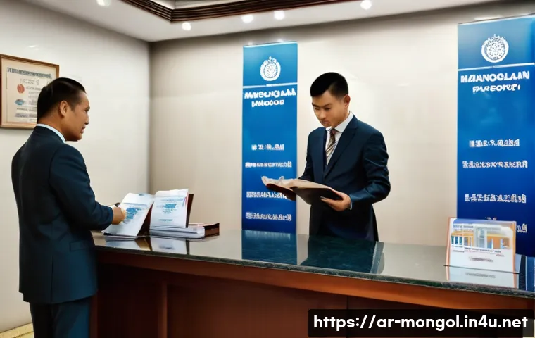 몽골 대사관과 관련된 정보 - A detailed scene of an Arab man submitting a Mongolian visa application at the embassy counter, show...