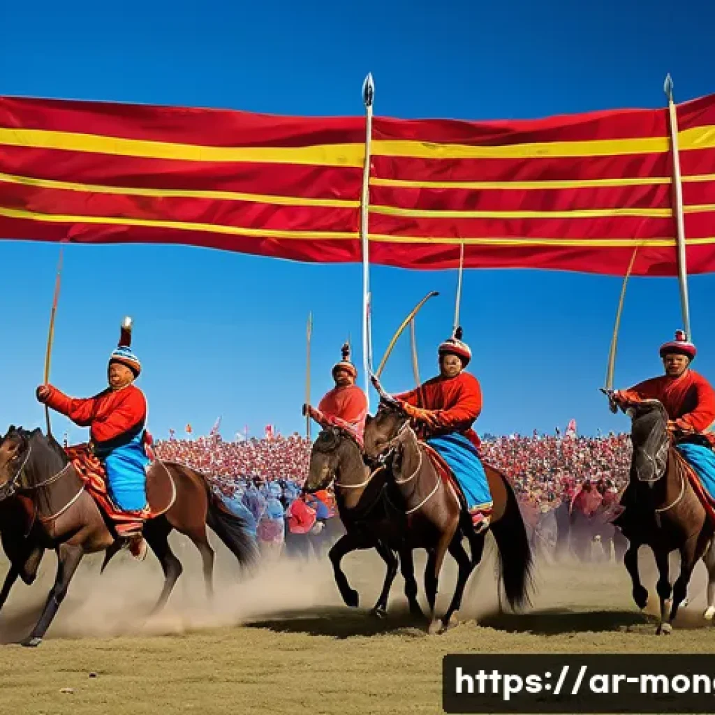 몽골의 독특한 문화 - A vibrant scene of a traditional Mongolian Naadam festival in July, featuring colorful crowds wearin...