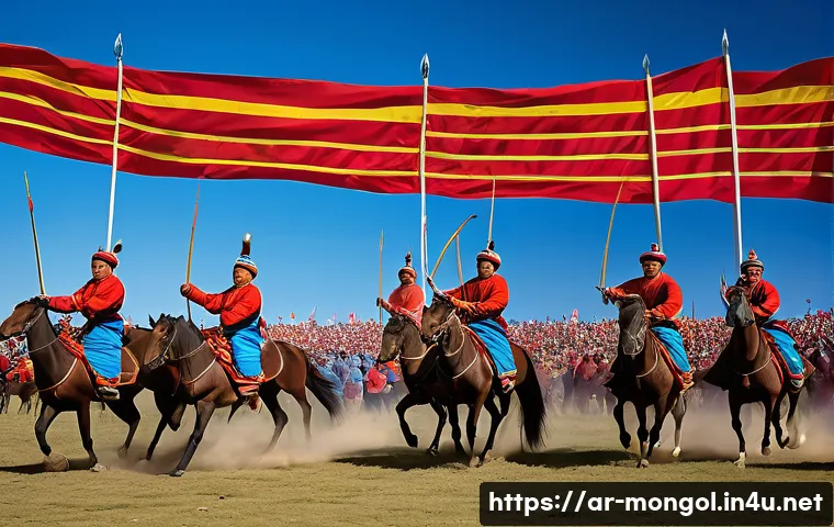 몽골의 독특한 문화 - A vibrant scene of a traditional Mongolian Naadam festival in July, featuring colorful crowds wearin...