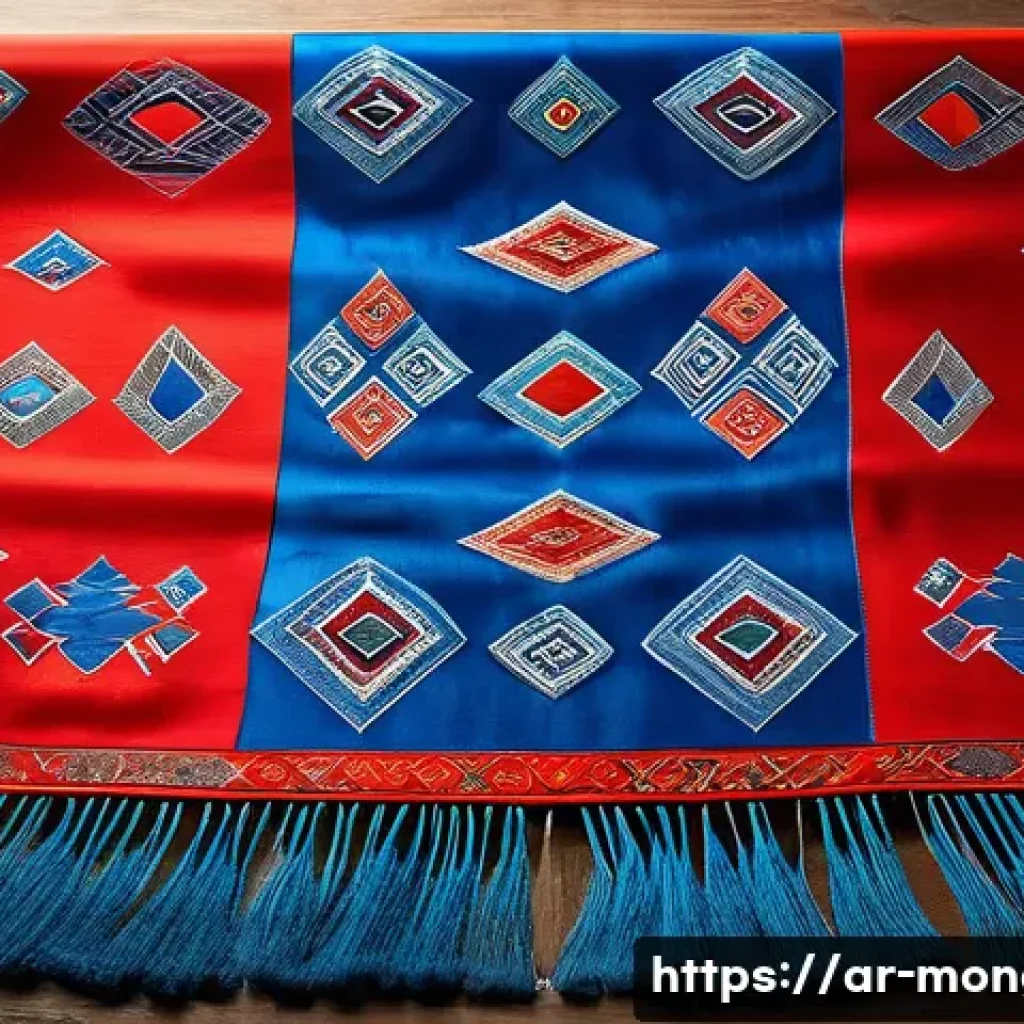 몽골 스카프 크라칼 - A traditional Mongolian scarf displayed elegantly on a wooden table with natural silk and wool textu...