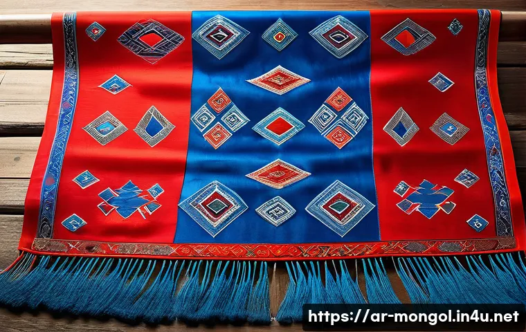 몽골 스카프 크라칼 - A traditional Mongolian scarf displayed elegantly on a wooden table with natural silk and wool textu...