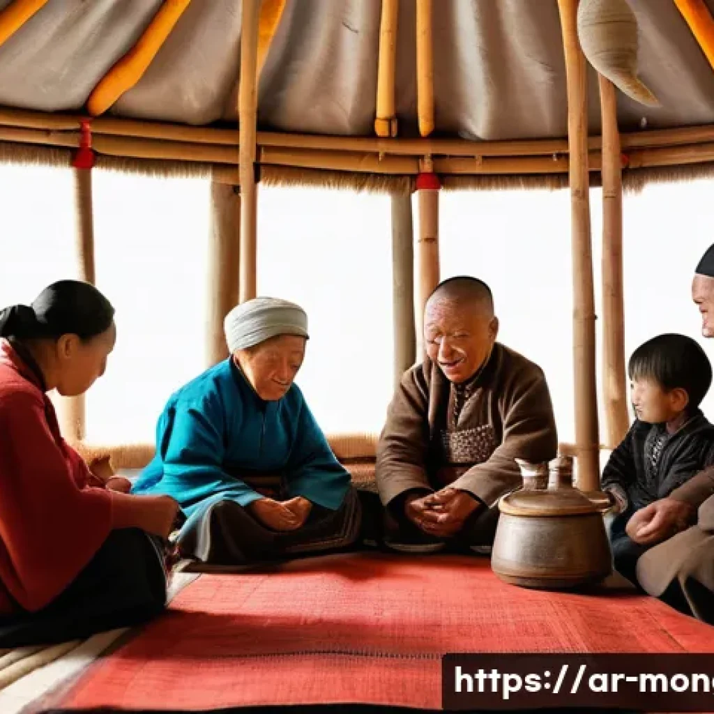 몽골의 전통적 사회 생활 - A vibrant traditional Mongolian family gathering in a ger (yurt) interior, showing multiple generati...