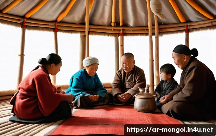 몽골의 전통적 사회 생활 - A vibrant traditional Mongolian family gathering in a ger (yurt) interior, showing multiple generati...