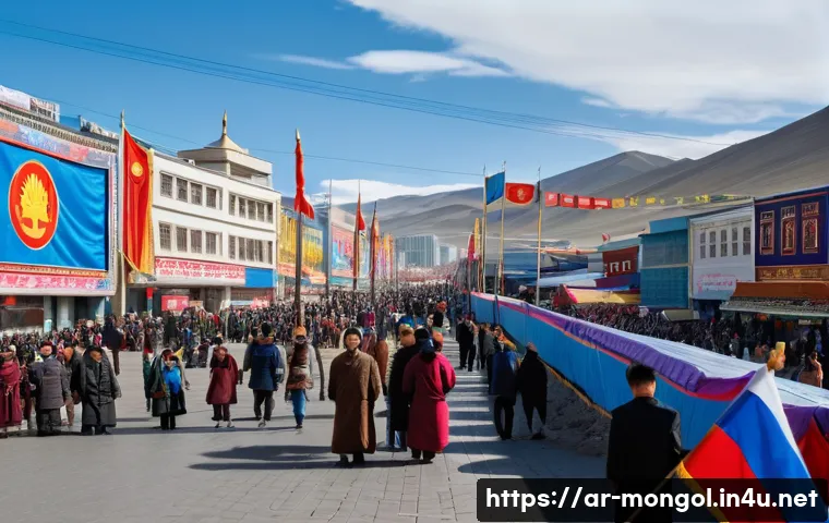 몽골의 주요 정치 사건 - A vibrant street scene in Ulaanbaatar showcasing a mix of traditional Mongolian culture and modern d...