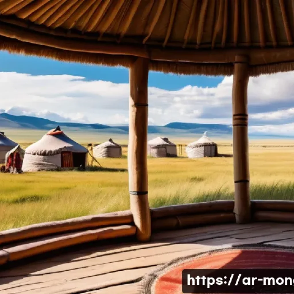 몽골 바르가자르 체험 - A serene wide landscape of the Mongolian steppes under a vast blue sky with soft white clouds, featu...