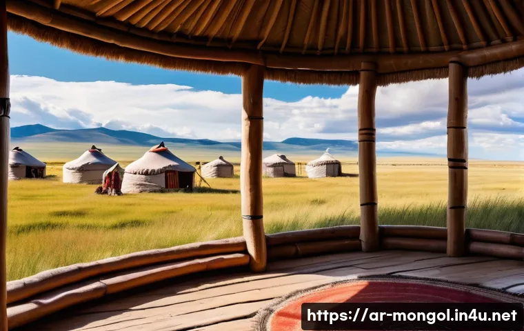 몽골 바르가자르 체험 - A serene wide landscape of the Mongolian steppes under a vast blue sky with soft white clouds, featu...