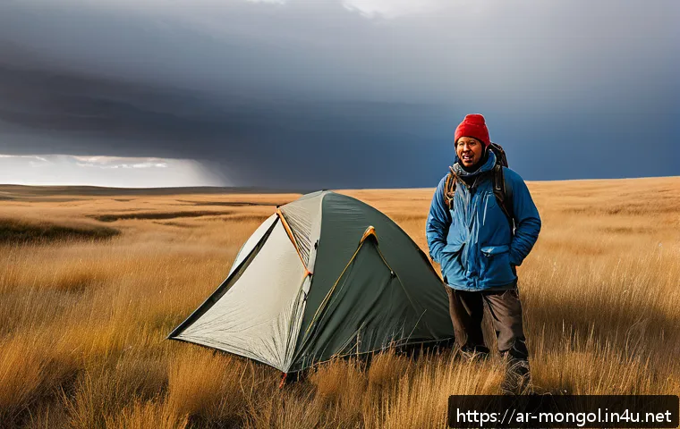 몽골 대초원에서의 서바이벌 - A rugged explorer wearing layered outdoor clothing made of breathable, moisture-wicking fabrics such...