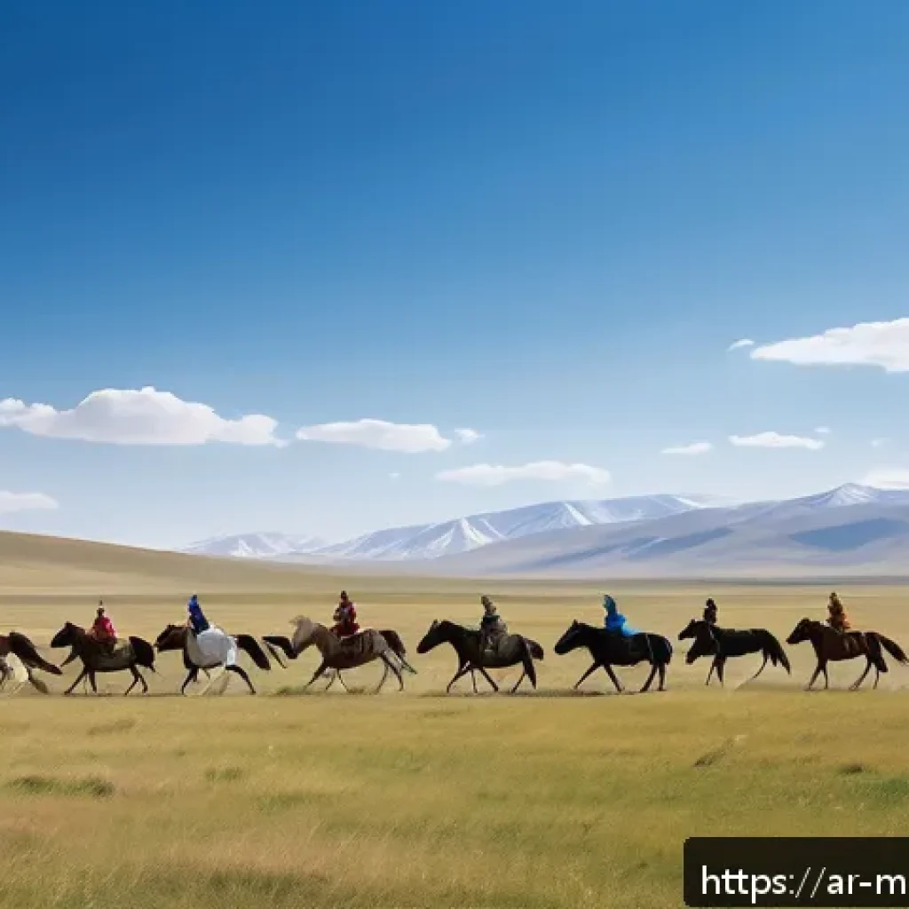몽골의 유네스코 문화유산 - A panoramic view of the vast Mongolian steppes under a bright blue sky, with wild horses galloping f...