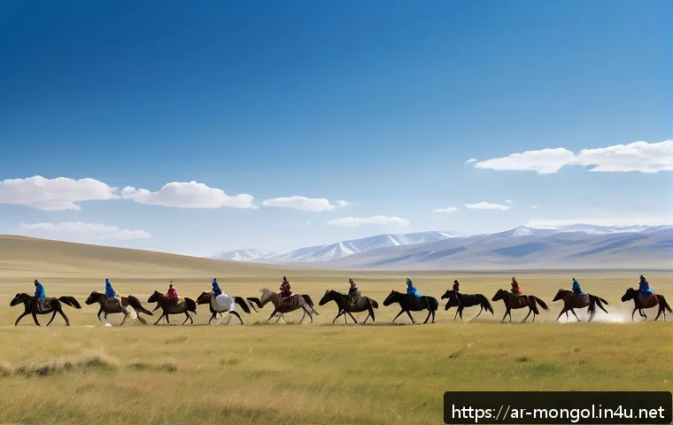몽골의 유네스코 문화유산 - A panoramic view of the vast Mongolian steppes under a bright blue sky, with wild horses galloping f...