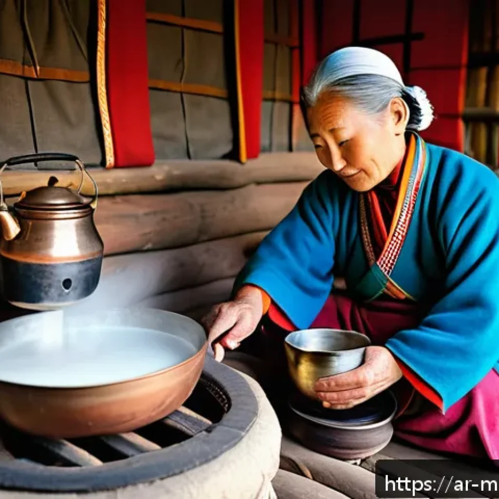 몽골 전통 차와 그 의미 - A traditional Mongolian tea ceremony scene in a cozy yurt interior, featuring an elderly Mongolian w...