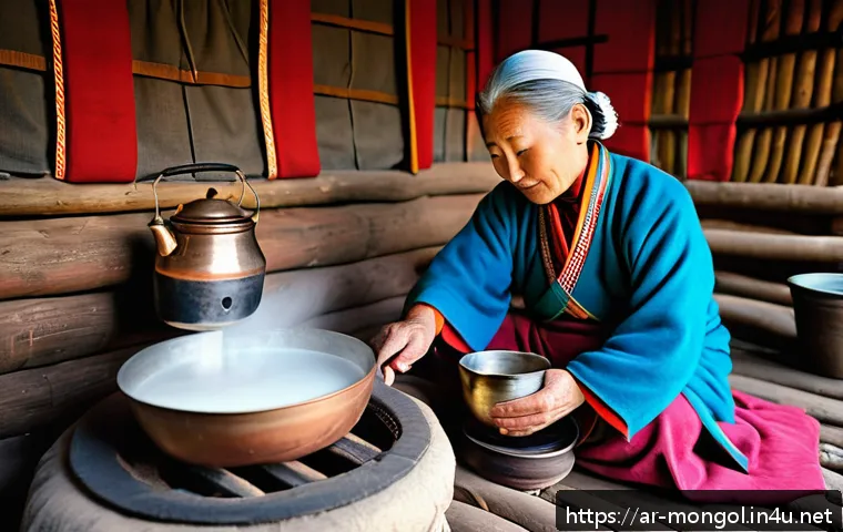 몽골 전통 차와 그 의미 - A traditional Mongolian tea ceremony scene in a cozy yurt interior, featuring an elderly Mongolian w...