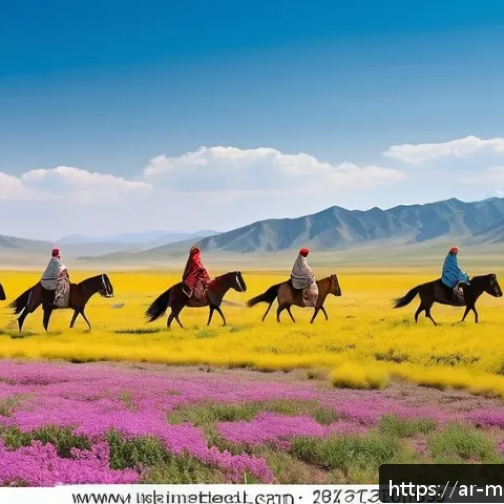 몽골과 중국 국경 여행 팁 - A panoramic spring landscape at the Mongolia-China border featuring vast open steppes and desert dun...