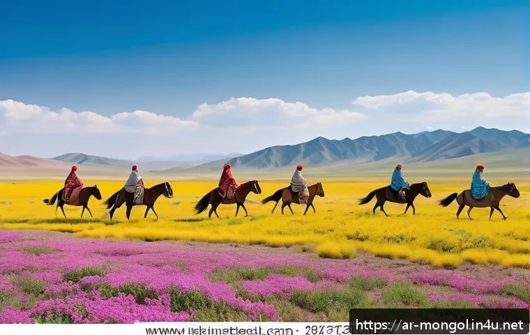 몽골과 중국 국경 여행 팁 - A panoramic spring landscape at the Mongolia-China border featuring vast open steppes and desert dun...