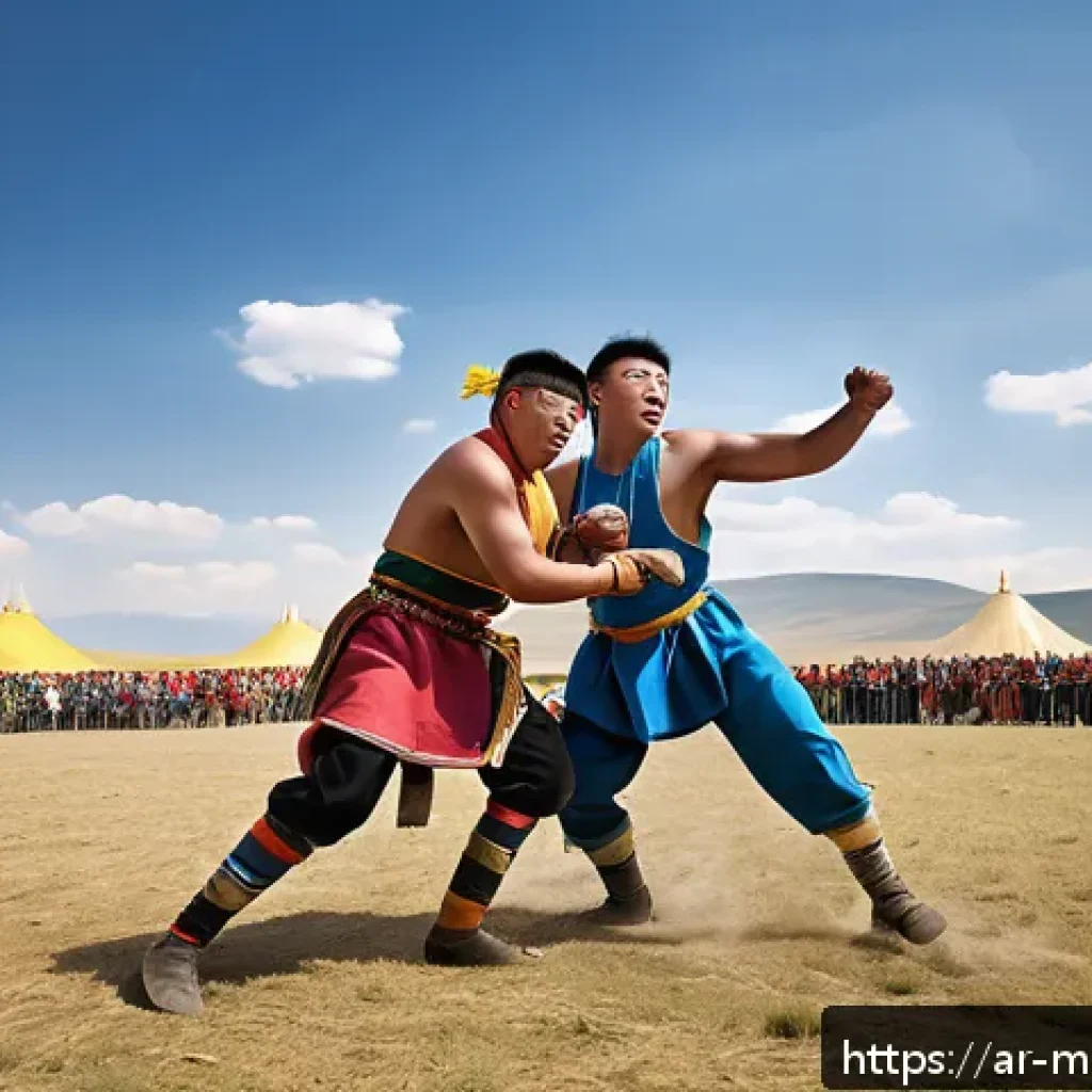 몽골에서의 주요 운동 종목 - A vivid scene capturing a traditional Mongolian wrestling match in an open steppe during a cultural ...