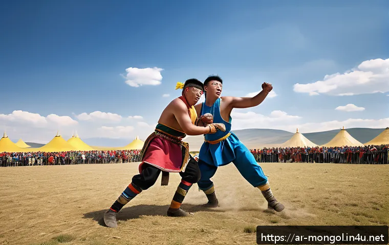 몽골에서의 주요 운동 종목 - A vivid scene capturing a traditional Mongolian wrestling match in an open steppe during a cultural ...