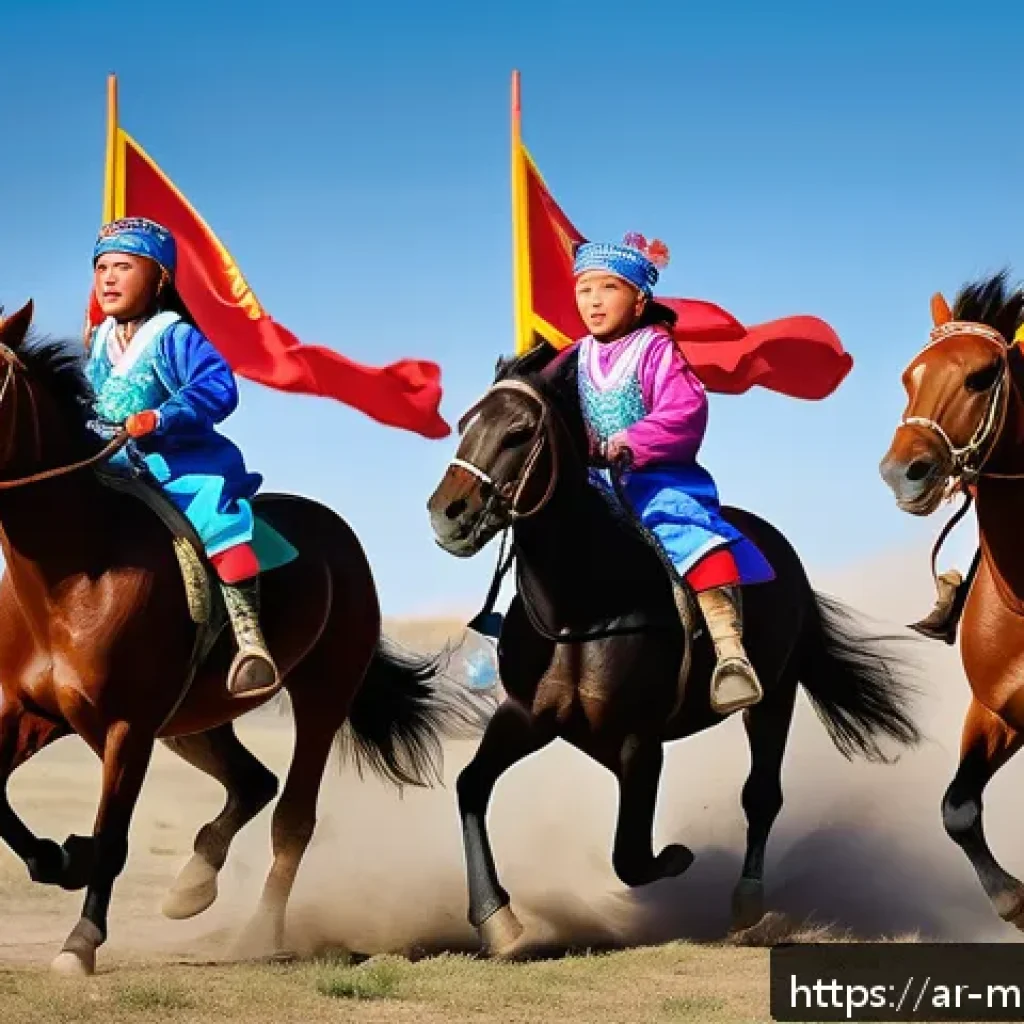 몽골 나담 축제 - A dynamic and vivid scene of a traditional Mongolian horse race during the Nadam festival, featuring...