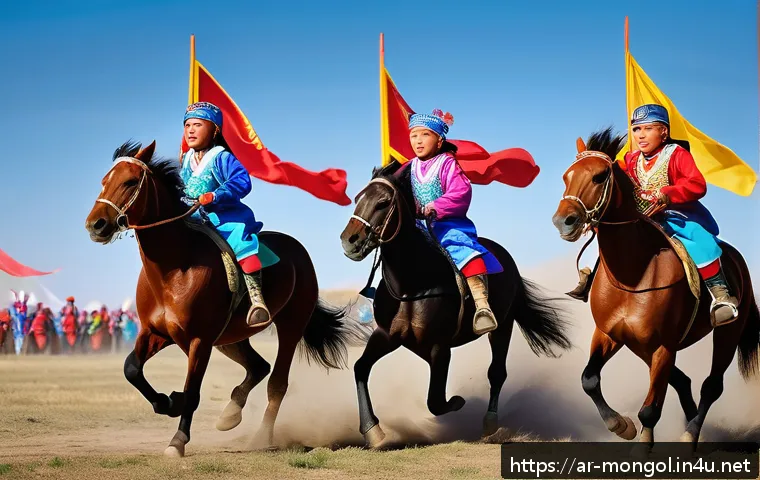 몽골 나담 축제 - A dynamic and vivid scene of a traditional Mongolian horse race during the Nadam festival, featuring...