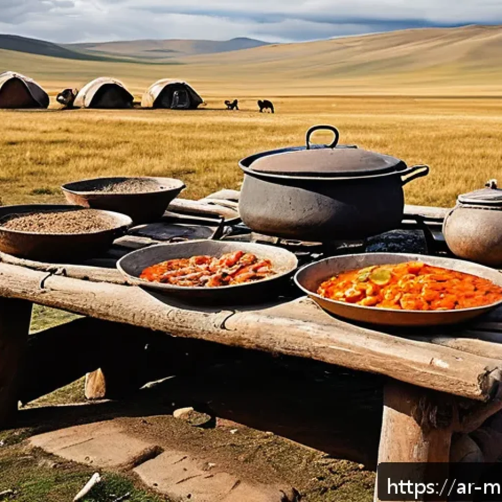 몽골 현지 음식을 배우는 체험 - A traditional Mongolian nomadic kitchen scene in the vast open steppes during a chilly day, featurin...