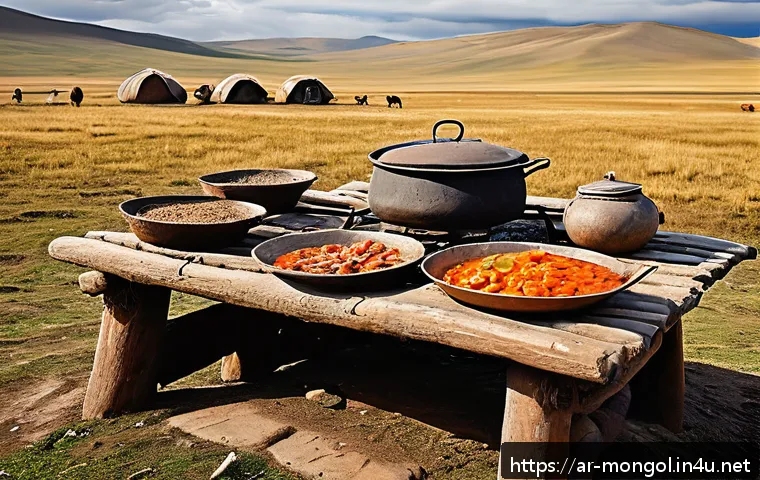 몽골 현지 음식을 배우는 체험 - A traditional Mongolian nomadic kitchen scene in the vast open steppes during a chilly day, featurin...