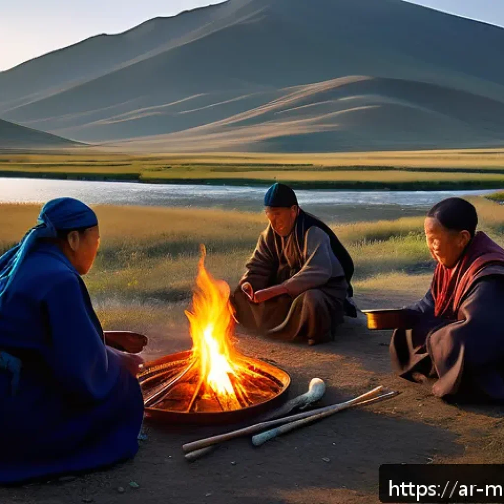 몽골 불교와 샤머니즘 - A serene Mongolian mountain landscape at dawn with a local nomadic family performing a traditional s...