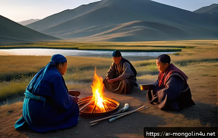 몽골 불교와 샤머니즘 - A serene Mongolian mountain landscape at dawn with a local nomadic family performing a traditional s...
