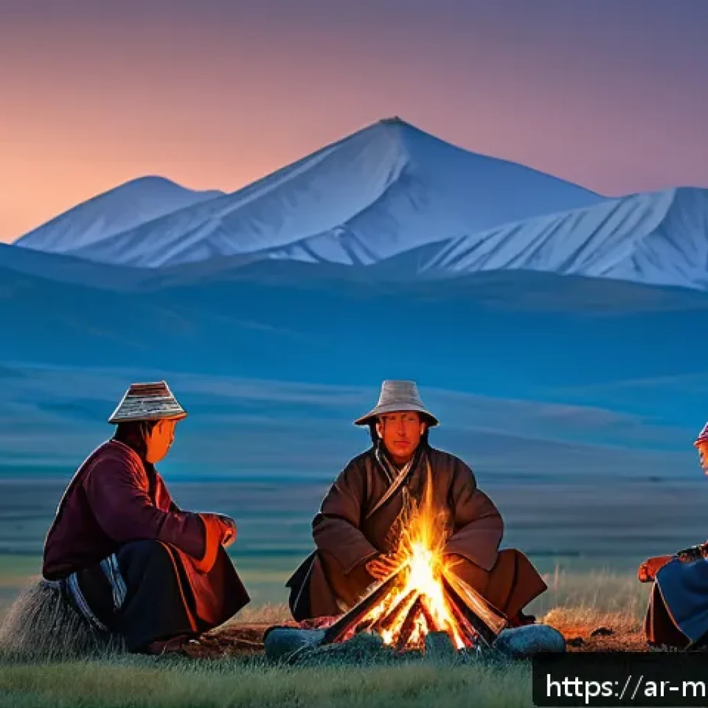 몽골과 관련된 문학 작품 - A traditional Mongolian nomadic family gathered around a campfire at dusk in the vast steppes, weari...