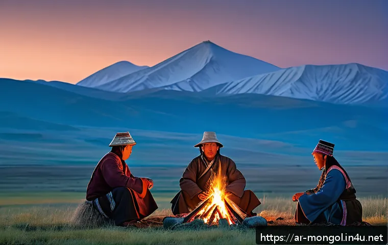 몽골과 관련된 문학 작품 - A traditional Mongolian nomadic family gathered around a campfire at dusk in the vast steppes, weari...