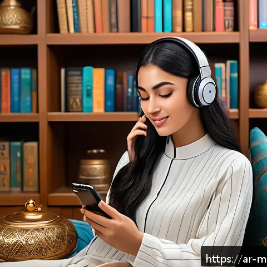 몽골어 배우기 팁 - A cozy indoor scene featuring a young Arab woman attentively listening to Mongolian music and podcas...