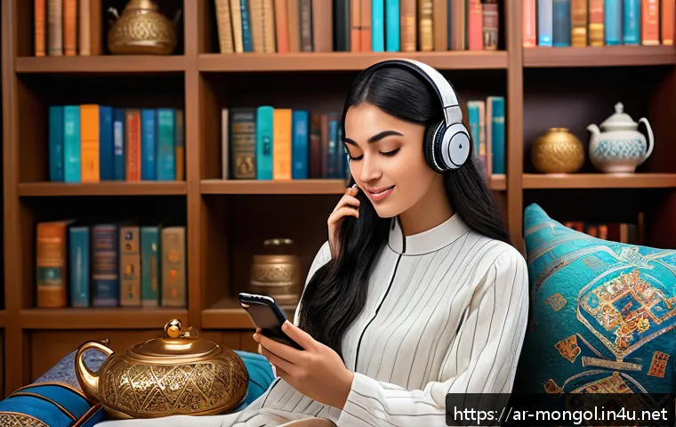몽골어 배우기 팁 - A cozy indoor scene featuring a young Arab woman attentively listening to Mongolian music and podcas...