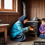 몽골에서 자주 발생하는 질병 - A detailed scene of a traditional Mongolian rural family house interior during a harsh winter, showi...