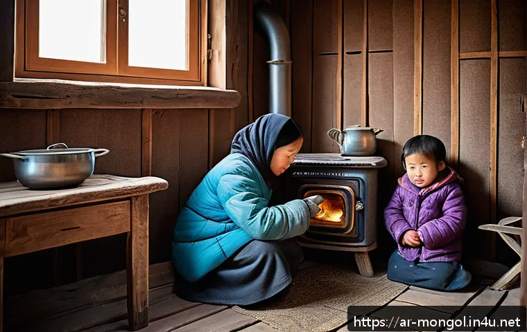 몽골에서 자주 발생하는 질병 - A detailed scene of a traditional Mongolian rural family house interior during a harsh winter, showi...