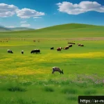 몽골 대초원의 사계절 - A serene Mongolian meadow in spring under a bright blue sky, lush vibrant green grass stretching end...